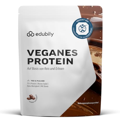 edubily® Veganes Proteinpulver - Mit Reisprotein und Erbsenprotein - Hoher Eiweißgehalt - Ohne Zucker - Mit Stevia - Laborgeprüftes Eiweißpulver (750 g, Schoko)