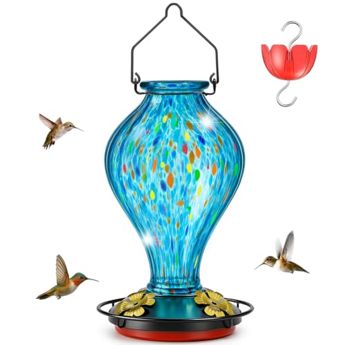 Hummingbird Feeders for Outdoors – 28 oz Hand Blown Glass Hummingbird Feeder with Ant Moat, Blue Decorative Hanging Bird Feeder, Leakproof, Easy to Fill & Clean, Gift for Garden, Patio, Yard, Outdoor