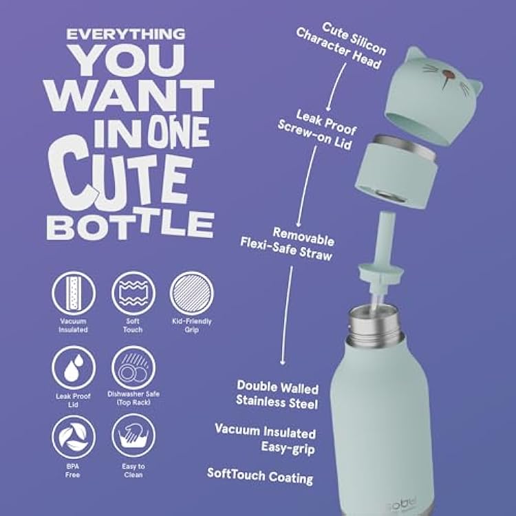 asobu Bestie Bottle Insulated Stainless Steel Water Bottle with Detachable Soft Animal Head Fun Drinking For Kids and Teens with Flexible Reusable Straw 16 Ounce (Cat)