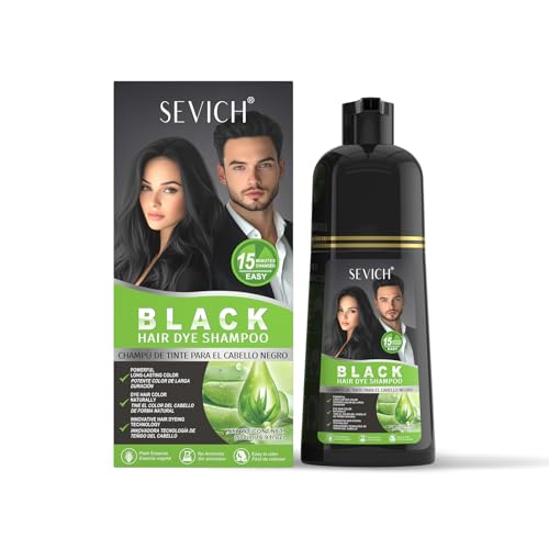 Sevich Black Hair Dye Shampooing 500 ml – 15 minutes d'utilisation, essences végétales (ginseng et huile d'argan), couverture grise et soin du cuir chevelu pour tous les types de cheveux Aloe vera