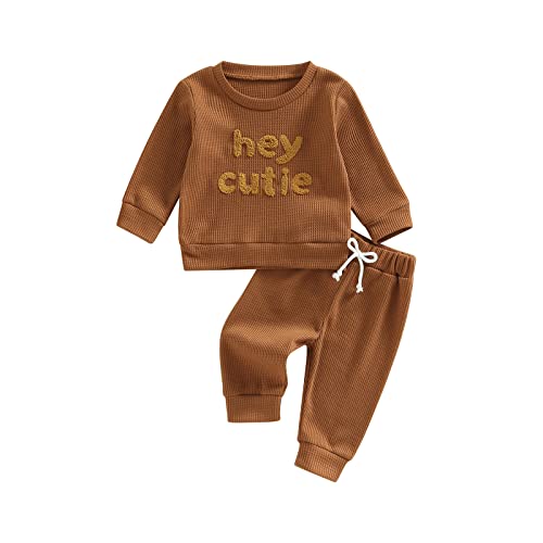 Image of MAYUMMPY Infant Baby Girl Boy Clothes Waffle Ribbed Solid Outfit Crewneck Sweatshirt Top Pants Hey Cutie Fall Clothes Set
