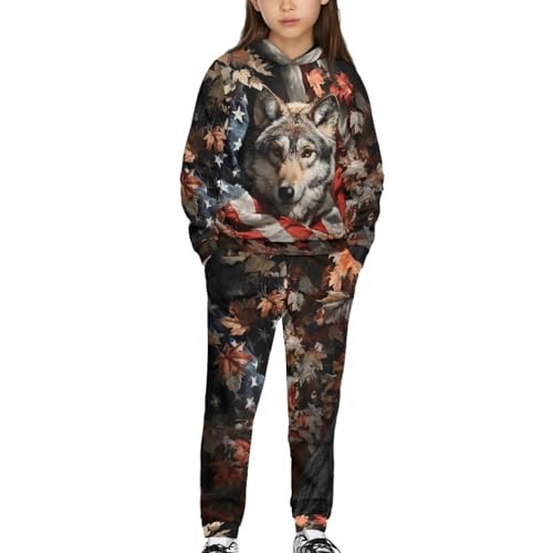 Liuqpwys Wolf American Flag Kids Jogging Suits Size 11-12 Fashion Elastic Hoodie Sweatshirt and Sweatpants Joggers Set Loose 2 Piece Hoodie Sweatshirt and Jogger Pants Outfit