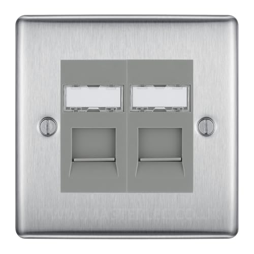 Image of BG Nexus Metal Brushed Steel Double 2 Gang RJ45 Data Socket Grey Insert NBSRJ452G