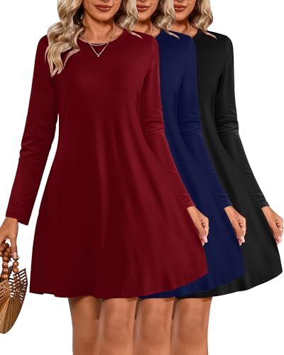 Huukeay 3 Pack Women's T Shirt Dresses, Long Sleeve Crew Neck Tunic Dresses Casual Loose Plain Dress Basic Swing Flowy Dress