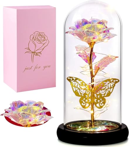 LED Rose Flower in Glass Dome with Butterfly, Romantic Night Light Decorative Lamp, Valentine Gift for Her Mom Wife, Anniversary Birthday Gift, Home Decor Table Light