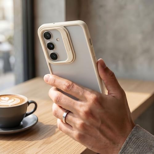 Image of amazon basics Frosted Matte Case for Samsung Galaxy A55 5G | Built-in Flip-Out Camera Lens Stand | Translucent Back with Contrast White Bumper | Shockproof Protective Cover with Foldable Kickstand