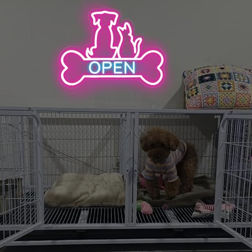 Image of Pet Shop Open Neon Sign Cute Dog And Cat Open LED Light | Bright Pet Grooming Salon Light Animal Shelter Storefront Decor Vet Clinic Window Decor, Pink+Ice Blue, 16.5 inchx12.4 inch
