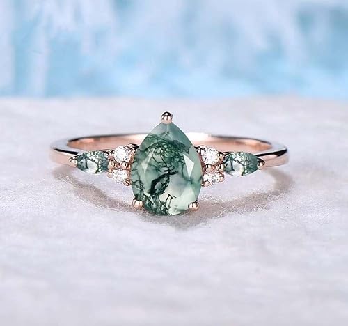Natural Moss Agate Ring Set 925 Sterling Silver Pear Shape Moss Agate and Moissanite Engagement Ring for Women Free Engraving2