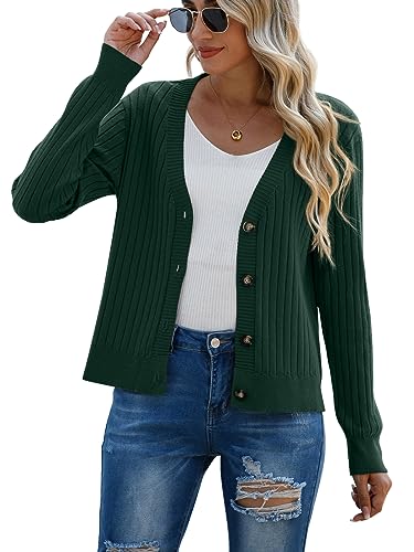 Image of Women's Dark Green Casual Dressy Stirped Cardigan with V Neck Button Christmas Sweaters Crew Neck Lady Lightweight Jacket 2024 Fall Winter Size M