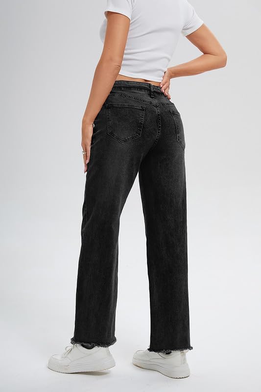Women's Wide Leg Jeans 90S Vintage Zipper Fly Raw Hem Loose Fit Mid Rise Straight Leg Jeans for Women Denim Pants - Image 8