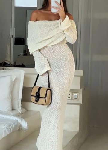 Women Sexy Off Shoulder Maxi Dress Long Sleeve Knit Crochet Bodycon Ruched Mesh Beach Vacation Party Sweater Dresses4