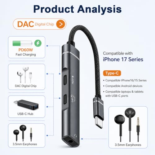 Image of ZORBES USB-C to 3.5mm DAC Audio Adapter, 60W PD Charging | Headphone and Charging Connections, USB DAC Audio Conversion, Data Transfer Support, Splitter Format for Tablets and Laptops