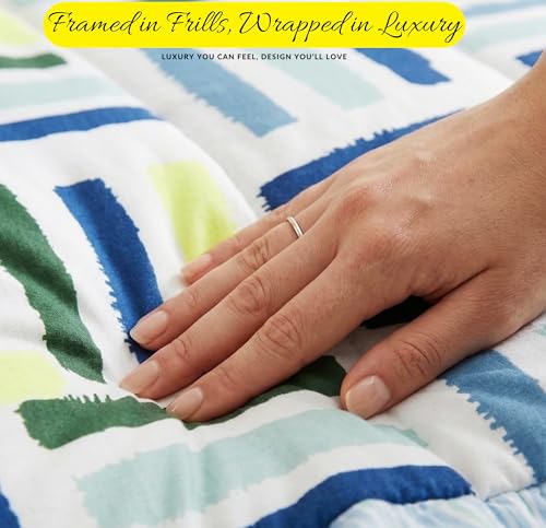 Image of SANMARINO Premium Cotton Double Bed 4 Piece Bedding Set with Frill Border | Comforter with Matching Bedsheet and Pillow | Ultra Soft & Lightweight Quilted Comforter Set |228x228 cm, Ocean Grid Blue