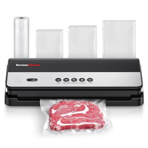 Bonsenkitchen Vacuum Sealer, Multi-Functional Food Sealer Machine with 1 Roll Bag+ 50 Bags, Bag Storage | Built-in Cutter, Black Black 1 Roll Bag + 50 Bags