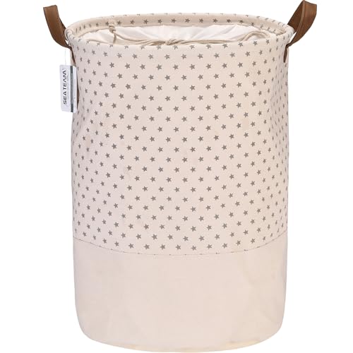 Sea Team Cesto per Biancheria in Tela - Contenitore Pieghevole con Manici in Pelle PU e Chiusura a Cordino, 45 x 35 cm, Interno Impermeabile - Motivo Stella (Grigio)