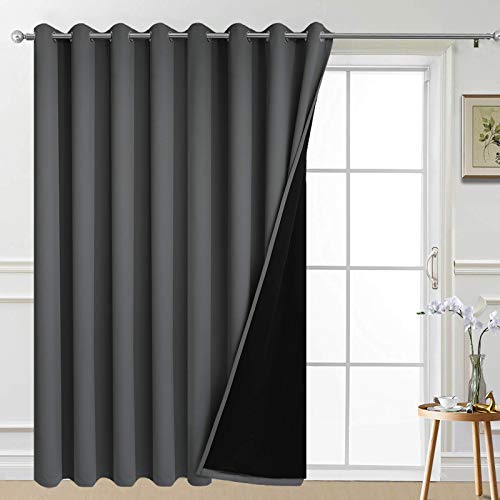 Image of Yakamok Dark Grey Blackout Patio Door Curtain Panels W100 x L84, 1 Panel | Noise Reducing Barrier Panel for Sliding Glass Door, 2 Thick Layers Heat Full Light Blocking Patio Door Drapery
