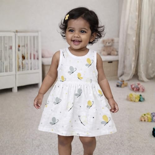 Image of The Boo Boo Club Girls Cotton Muslin Printed Dress | Short Sleeve Knee-Length Summer Girls Frock | Soft Breathable