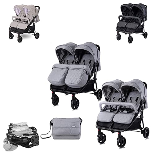 Lorelli silla de paseo gemelar dúo plegable ajustable cubrepiés bolsa de pañales, color:gris claro