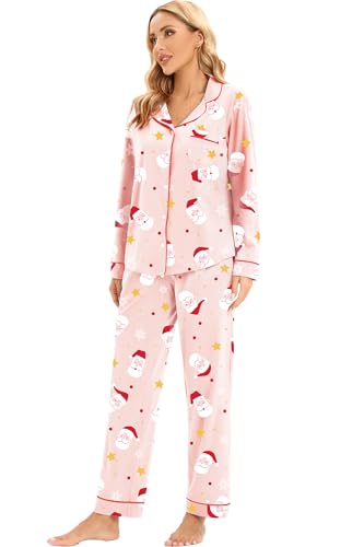 Image of LUBOT Christmas Pajamas for Women 100% Cotton Pajama 2 Piece PJ Set Soft Long Sleeve Button Xmas Print Loungewear XS-XXL