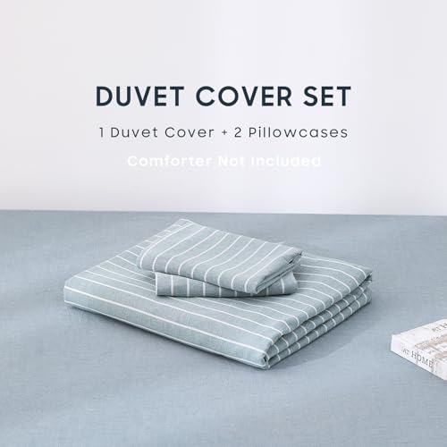 Image of Wake In Cloud - Striped Cotton Duvet Cover Set, Ticking Stripe Vertical Pinstripe Farmhouse, 100% Washed Cotton Textured Bedding Set, 3 Pieces, Blue, Twin /Twin XL Size