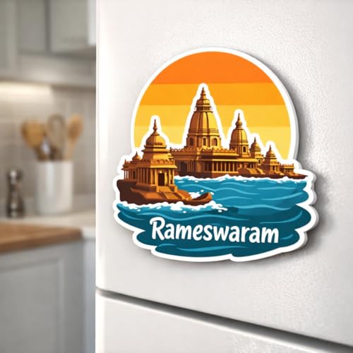 Image of Naxon Rameswaram Temple Souvenir Wooden Fridge Magnet | Ramanathaswamy Temple Spiritual Design 3x3 Inch Refrigerator Magnet for Kitchen & Home Decor | Religious Travel Gift from Tamil Nadu | Pack of 1