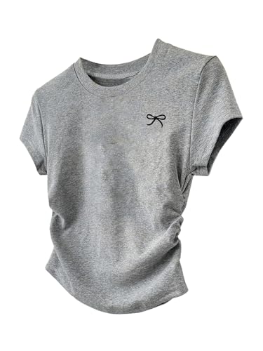SweatyRocks Girl's Bow Graphic Tees Ruched Short Sleeve Crewneck Summer T Shirts