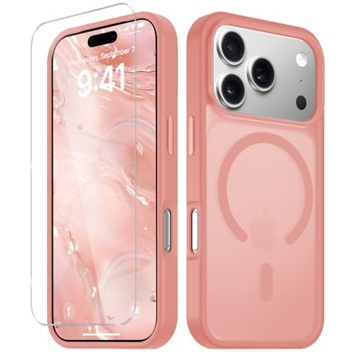 Image of YENAPOON for iPhone 17 Pro Case, Matte Magnetic Phone Cover [with 1 Screen Protector] [Support for MagSafe] [Shockproof Military Grade Protection] Translucent Frosted Back, Pink