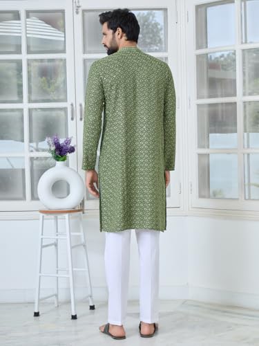 Image of See Designs Men's Full Sleeve Mandarin Collar Men Embroidered Straight Long Kurta - Festive Collection