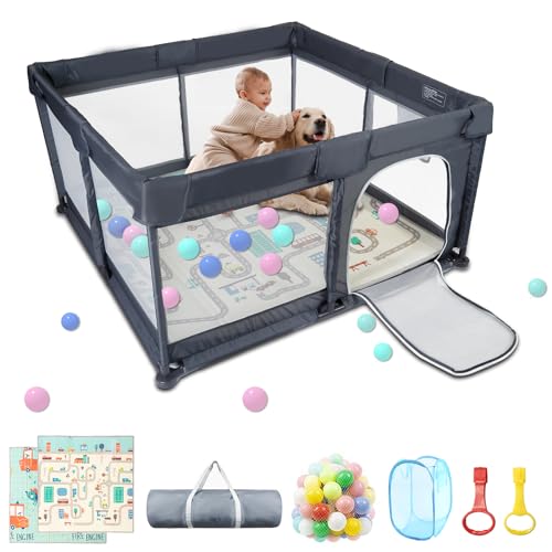 Image of Baby Playpen 71" x 59, Baby Playpen Play Pens for Babies and Toddlers Baby Fence for Indoor & Outdoor, Sturdy Safety Play Yard with Soft Breathable Mesh, Anti-Fall - Grey