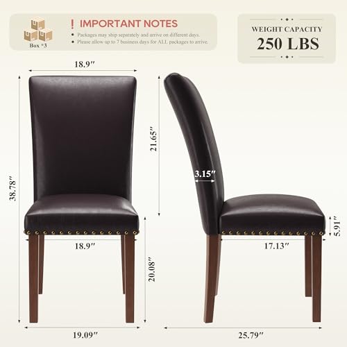 Image of COLAMY Parsons Dining Chairs Set of 6, PU Leather Dining Room Kitchen Side Chair with Nailhead Trim and Wood Legs - Dark Brown