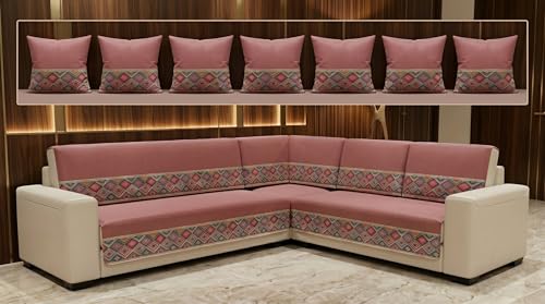 Image of Luxury Sofa Cover L Shape 7 Seater with Matching Cushion Cover 16x16 inch - Rose Pink Solid 4+3 Seater (7 Seater) Quilted Sofa Cover Set Pack of 12, Washable, Rose Pink