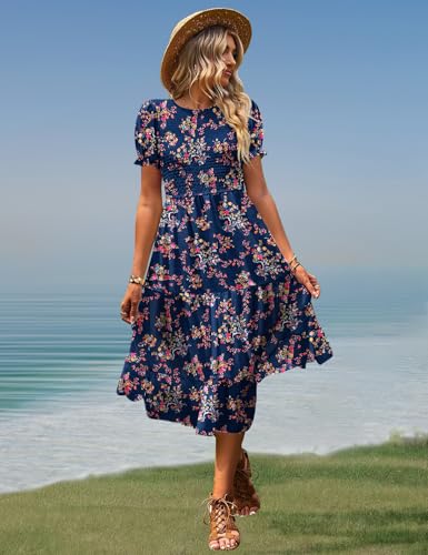 Image of YESNO Women's Summer Causal Puff Short Sleeve Smocked Dress Elastic Waist Tiered Midi Dress with Pockets EP2