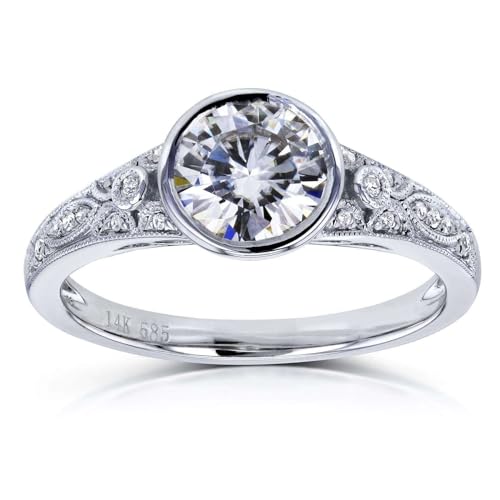 Kobelli Round Moissanite Bezel Vintage Style Engagement Ring 1 CTW in 14k White Gold, Size 4.5, White Gold