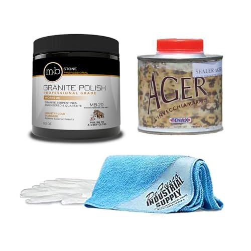 DeFusco Industrial Supply MB-20 Stone Granite Polishing Kit 8.5 Oz Granite Polishing Compound - Tenax AGER 250 mL - 16x16 Microfiber Cloth - Gloves - Bundle - 4 Items