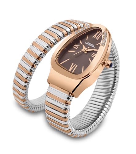 Image of French Connection Eternelle Curve | Brown Dial with Rose Gold Case | Flexible Wrap Bracelet Strap | Crystal Accent Design | Roman Numerals Analog Watch for Women - FCN0142BRTM