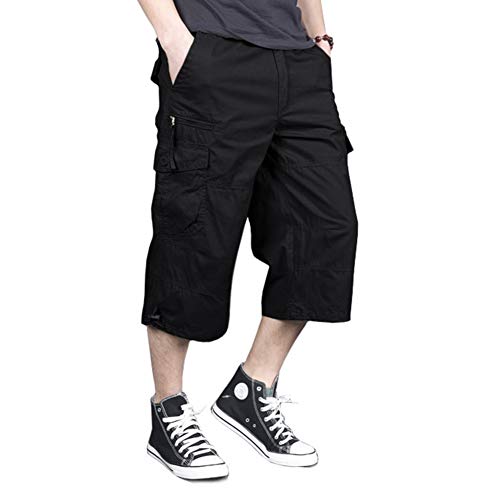 MAGNIVIT Mens Capri Long Twill Elastic Cargo Shorts Below Knee 3/4 Cargo Shorts Cotton Relaxed Fit Casual Multi-Pocket Black 38