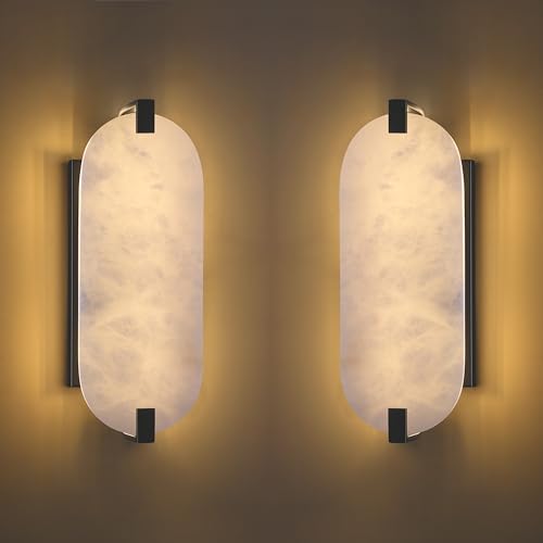 Image of 13.7 inch Natural Oval Alabaster Marble Modern Concise 2 Pack 2 Light Wall Sconce Fixture,Black Finish for Bathroom Bedroom Hallway Bedside Staircase Vanity Mirror