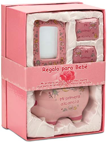 BRUBAKER Mi Primer Juego de Regalo de Hucha para Bebé Niña - 4 Piezas de Recuerdo Incluye Hucha, Primer Rizo, Primer Diente y Marco de Fotos - Rosa - Spanish (Español)