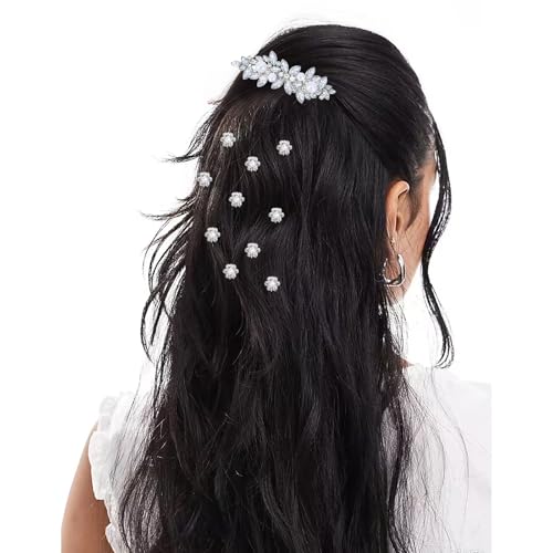 13 piezas de clips para el cabello con pedrería, incluyendo 10 clips miniatura de flores plateadas, 2 pasadores de cristal y 1 broche decorativo de pedrería con perlas para novias, mujeres y niñas miniatura 3