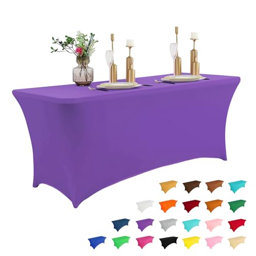 Image of IVAPUPU 4FT Table Cloth for Rectangular Fitted Events Stretch Purple Table Covers Washable Cover Spandex Tablecloth Protector for Party, Wedding, Cocktail, Banquet, Festival