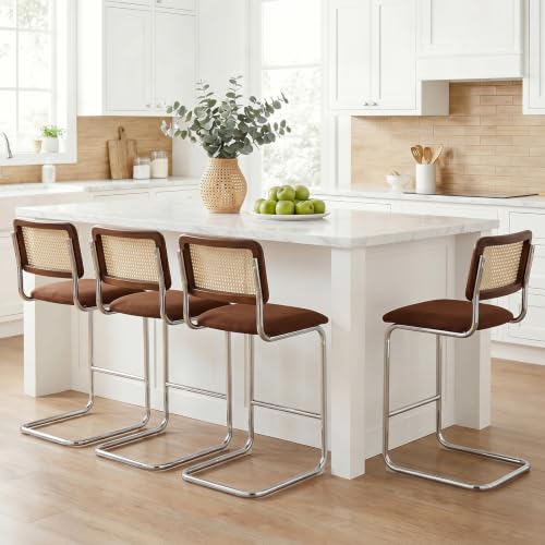 Image of Zesthouse Natural Rattan Counter Stools Set of 2, 26 inch Modern Boho Barstools | Mid Century Modern Barstools with Cane Mesh & Chrome Base, Vintage Chenille Fabric Counter Height Chairs for Kitchen, Brown