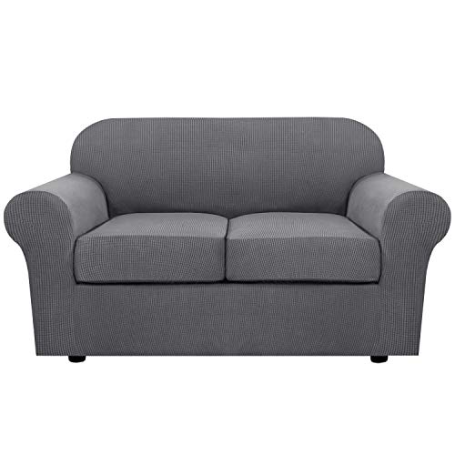 H.VERSAILTEX 3 Piece Stretch Sofa Covers for 2 Cushion Loveseat Couch Covers for Living Room Furniture Cover (Base Cover Plus 2 Seat Cushion Covers) Thicker Jacquard Fabric(Medium Sofa, Grey)