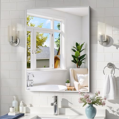 Image of COFENY Silver Bathroom Mirror for Wall, 24x32 Inch Rectangle with Metal Frame, Modern Vanity for Bathroom Living Room, Entryway Hangs Horizontal or Vertical