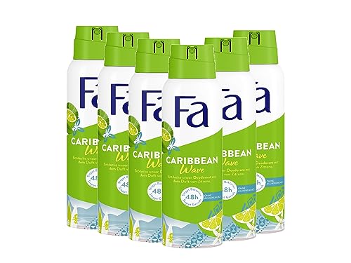 Fa Deospray Caribbean Wave mit dem exotisch frischen Duft der Zitrone, 48h Schutz, 6x 150 ml