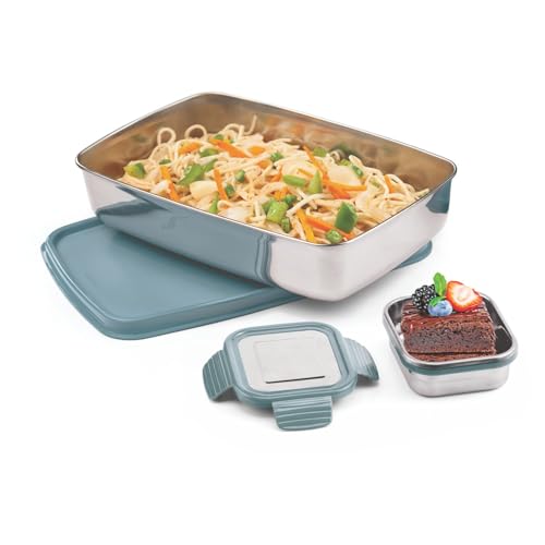 Image of SignoraWare Munch Mate Stainless Steel Lunch Box | Airtight & Leakproof | Durable & Compact | Easy to Carry | Ideal Tiffin for Office, School & Travel (550ml + 130ml | EBlue)