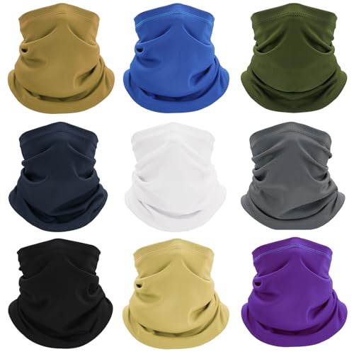 Cmonie Paquete de 9 polainas para el cuello, pasamontañas, protección UV, capucha, transpirable, para hombres y mujeres (EE.UU., Alpha, talla única, L, paquete de 9 unidades, malla sólida), Paquete de