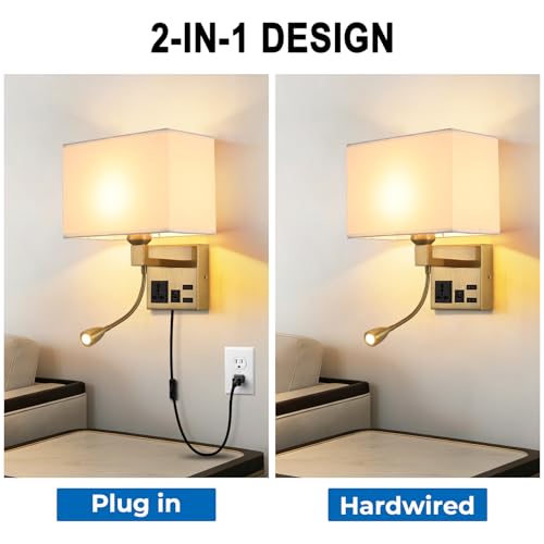 Image of Wall Lamp for Bedroom Living Room Office Hotel, Plug in Wall Sconce with AC Outlet & USB Charging Port, Wall Mount Reading Light 360Adjustable, Gold Headboard Lamp With 3 Color Temperature