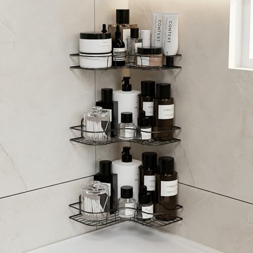 Image of GLOXY Premium Combo Pack of 3 Black Metal Bathroom Corner Rack Shelves - Rust Resistant Self Adhesive Mount Bathroom Accessories Storage Rack - Multipurpose No Drill Shower Caddy Organizer