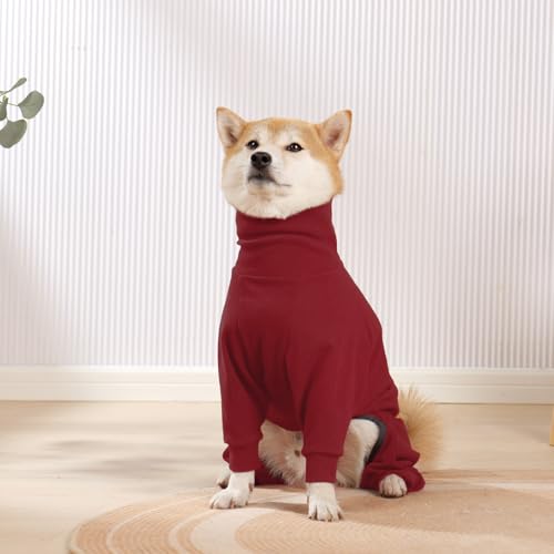 Hjyokuso Hundemantel Winter, Warmer Fleece Hundepullover mit Beinen, Weiche Vierbeinige Hundejacke für Kleine & Mittelgroße Hunde, Hundebademantel Fleece Hunde Pyjama Bekleidung Rot S