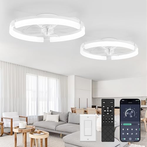 Image of LEDIARY 2 Pack 20 inch Ceiling Fans with Lights and Remote, Low Profile Ceiling Fan, 3 CCT, Stepless Dimmable, Fandelier Flush Mount Fan Light, 6 Speeds, DC Motor, App & Remote Control for Bedroom(White)